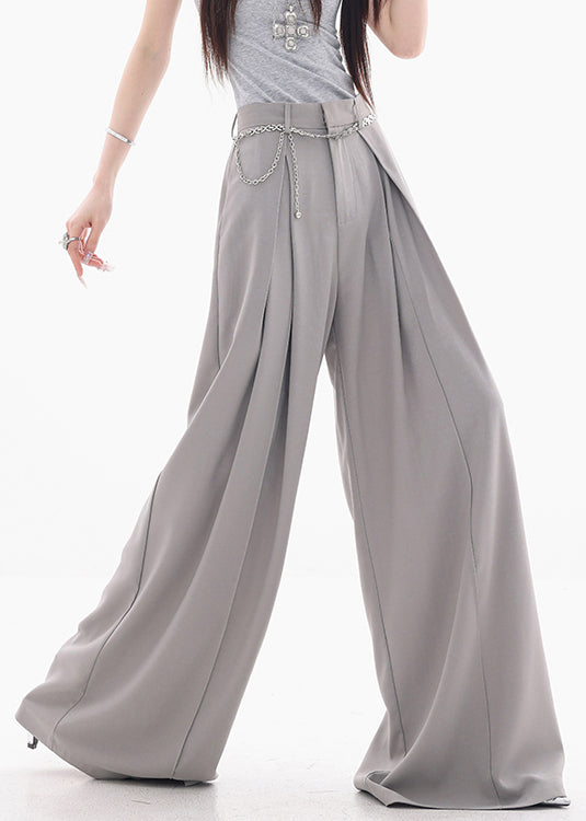 French Grey High Waist Solid Spandex Wide Leg Pants Fall