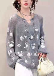French Grey O Neck Embroidered Knit Top Fall