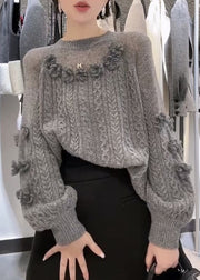 French Grey O Neck Floral Knit Sweaters Fall