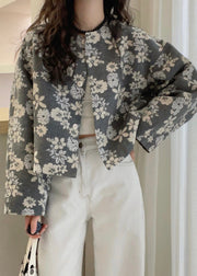 French Grey O Neck Floral Print Cotton Jacket Fall