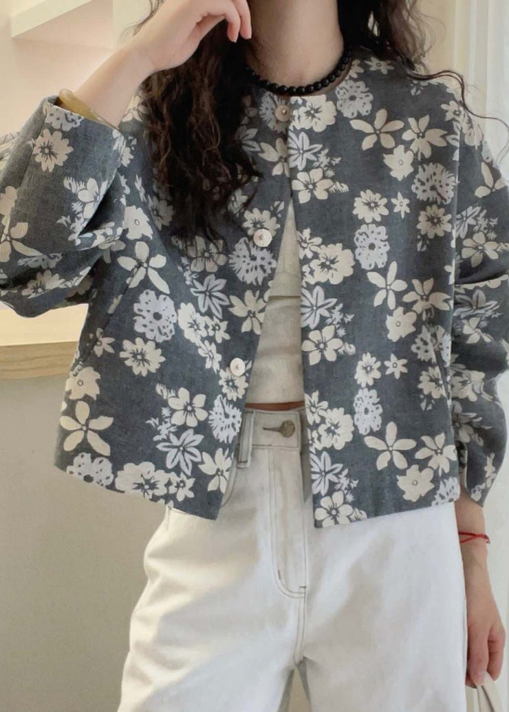 French Grey O Neck Floral Print Cotton Jacket Fall