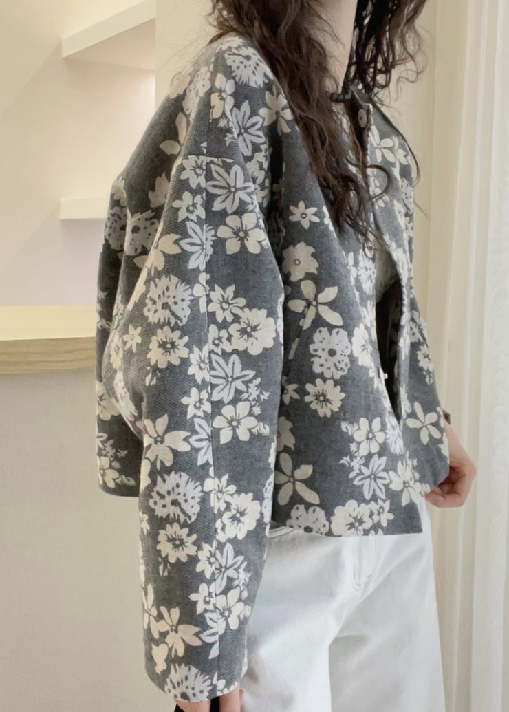 French Grey O Neck Floral Print Cotton Jacket Fall