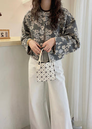 French Grey O Neck Floral Print Cotton Jacket Fall