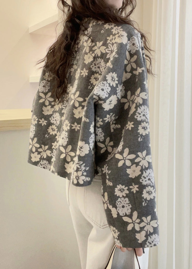 French Grey O Neck Floral Print Cotton Jacket Fall