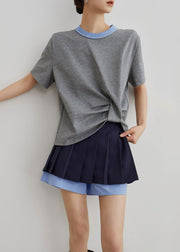 French Grey O-Neck Patchwork T Shirts And Navy Pants Skirt Cotton Two Piece Set Summer