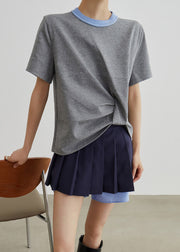 French Grey O-Neck Patchwork T Shirts And Navy Pants Skirt Cotton Two Piece Set Summer