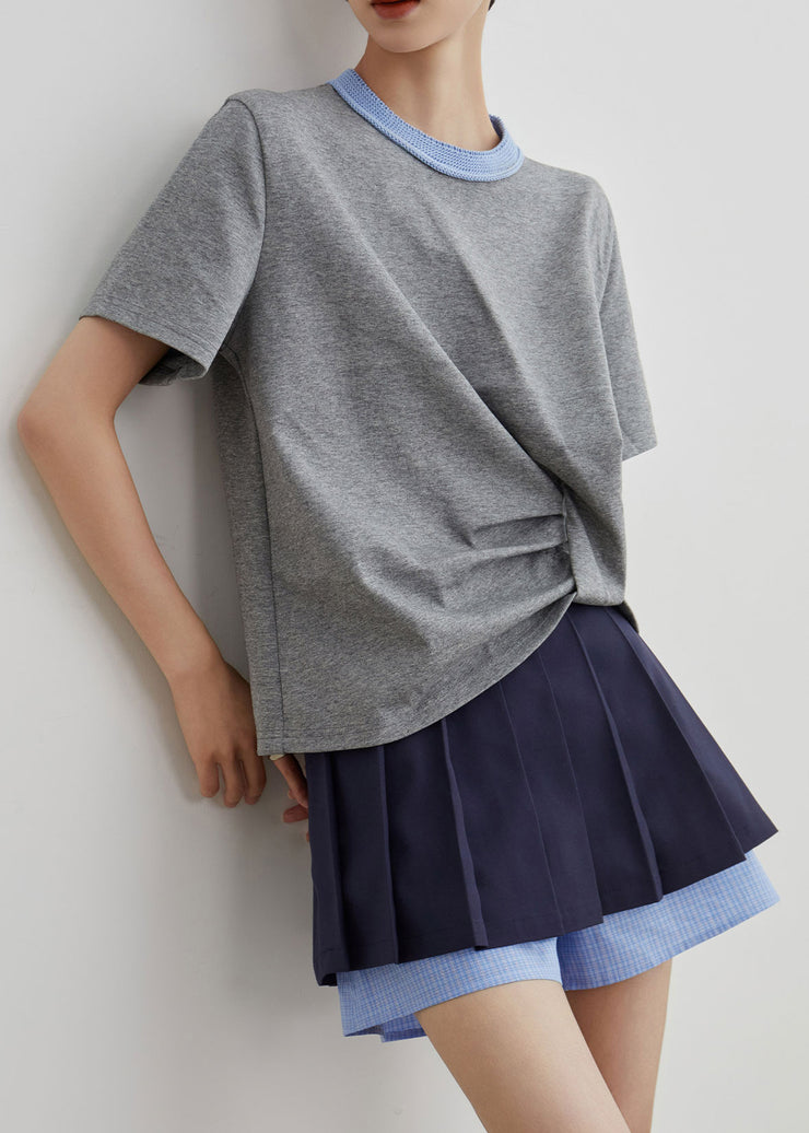 French Grey O-Neck Patchwork T Shirts And Navy Pants Skirt Cotton Two Piece Set Summer