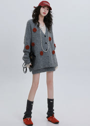 French Grey Oversized Flower Decorated Knit Loose Jacket Winter