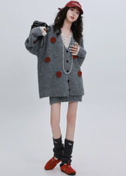 French Grey Oversized Flower Decorated Knit Loose Jacket Winter