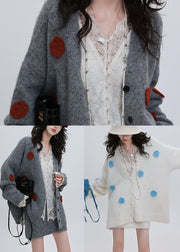 French Grey Oversized Flower Decorated Knit Loose Jacket Winter
