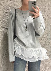 French Grey Oversized Patchwork Cotton Blouse Tops Fall