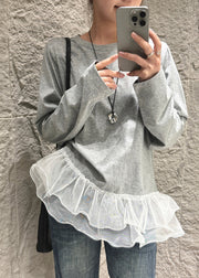 French Grey Oversized Patchwork Cotton Blouse Tops Fall