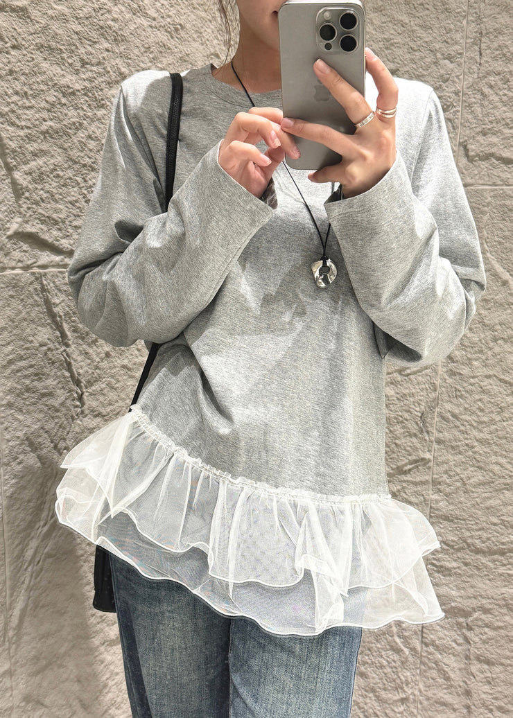 French Grey Oversized Patchwork Cotton Blouse Tops Fall