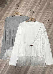 French Grey Oversized Patchwork Cotton Blouse Tops Fall