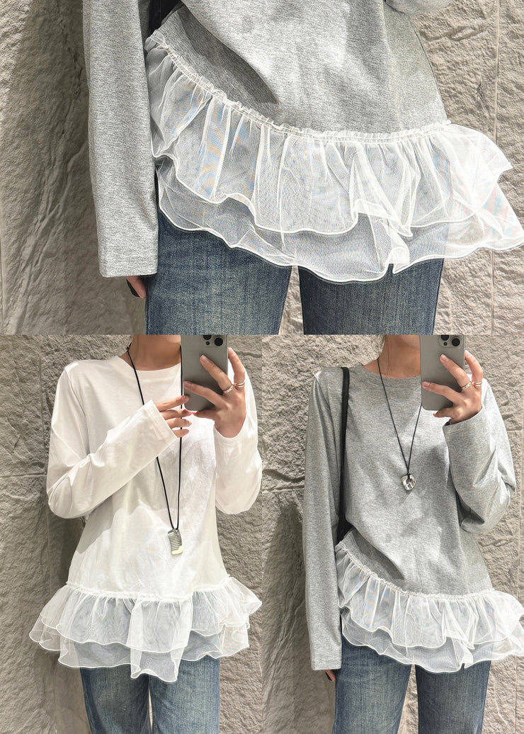 French Grey Oversized Patchwork Cotton Blouse Tops Fall