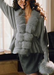 French Grey Oversized Patchwork Fox Fur Wool Knit Cardigan Winter