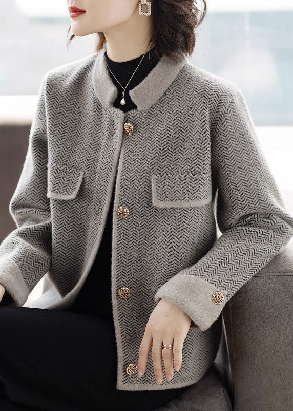 French Grey Print Button Woolen Coats Fall