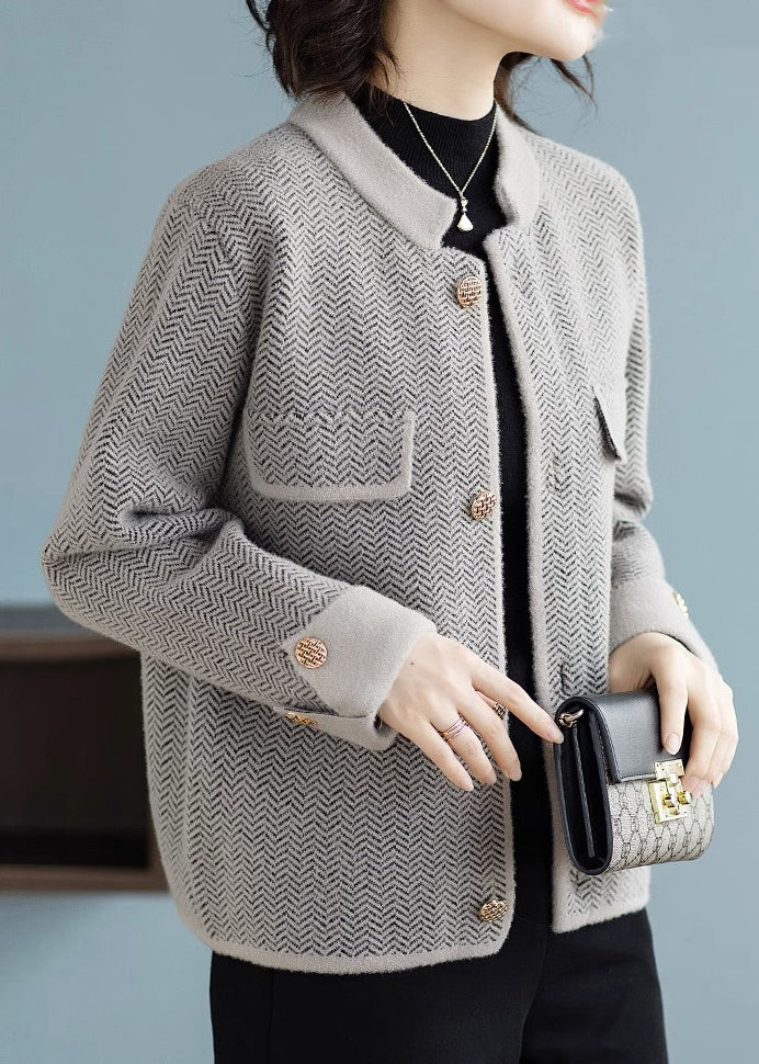French Grey Print Button Woolen Coats Fall