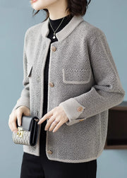 French Grey Print Button Woolen Coats Fall