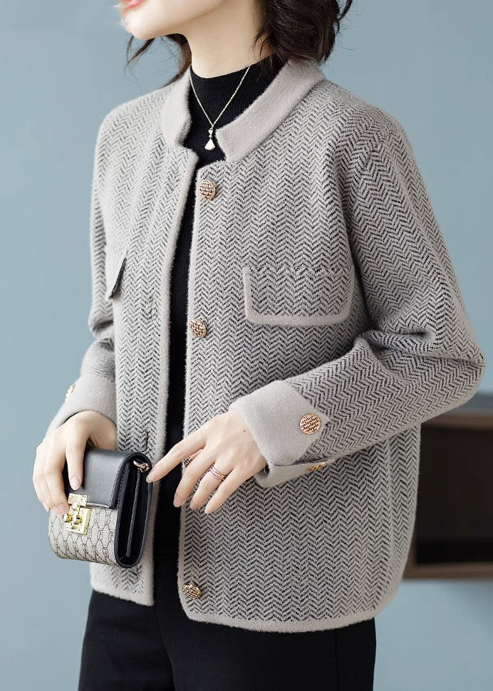 French Grey Print Button Woolen Coats Fall