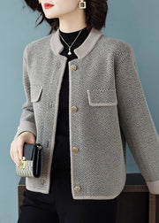French Grey Print Button Woolen Coats Fall