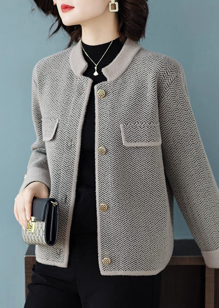 French Grey Print Button Woolen Coats Fall