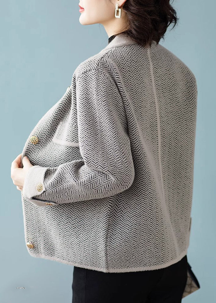 French Grey Print Button Woolen Coats Fall