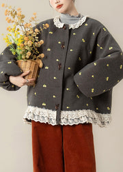 French Grey Print Lace Patchwork Fine Cotton Filled Coats Winter