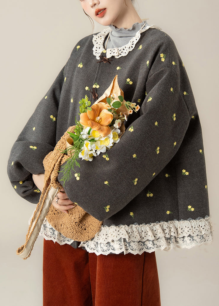 French Grey Print Lace Patchwork Fine Cotton Filled Coats Winter