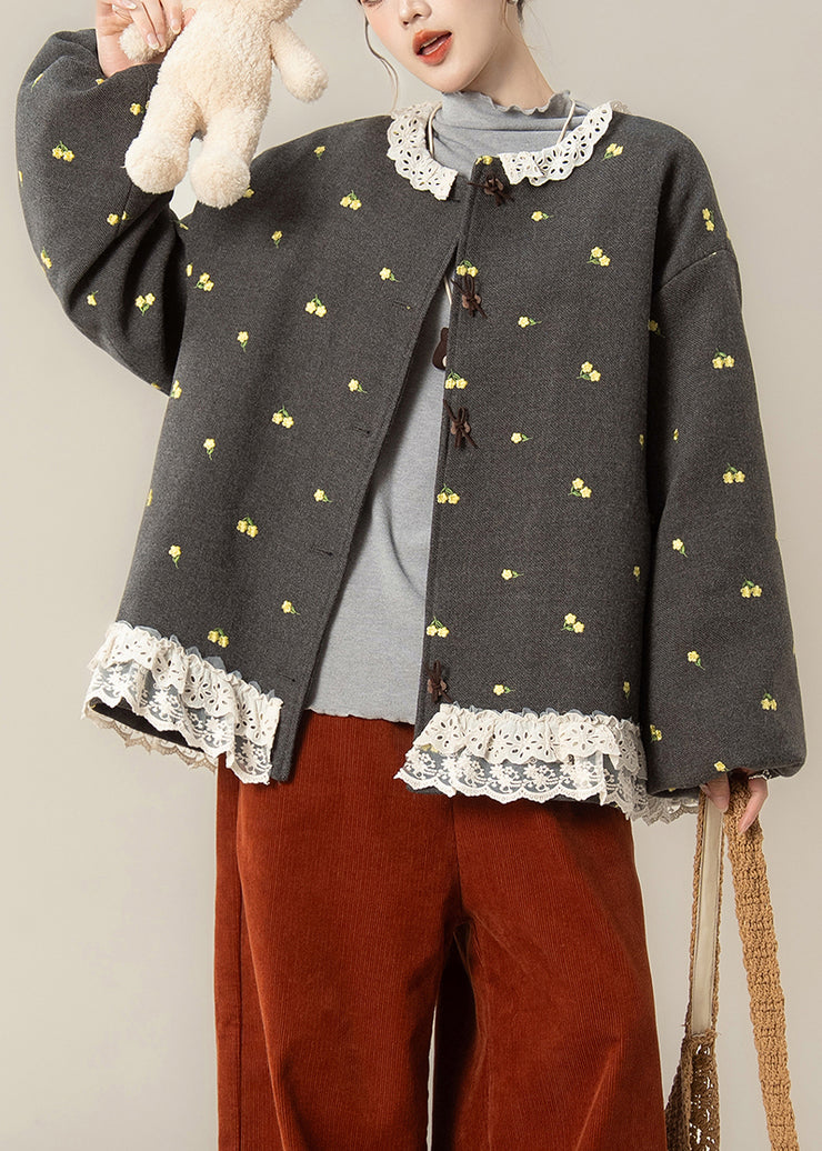 French Grey Print Lace Patchwork Fine Cotton Filled Coats Winter