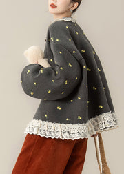 French Grey Print Lace Patchwork Fine Cotton Filled Coats Winter