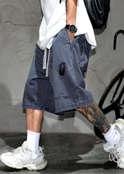 French Grey Print Pockets Elastic Waist Cotton Mens Shorts Summer