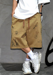 French Grey Print Pockets Elastic Waist Cotton Mens Shorts Summer