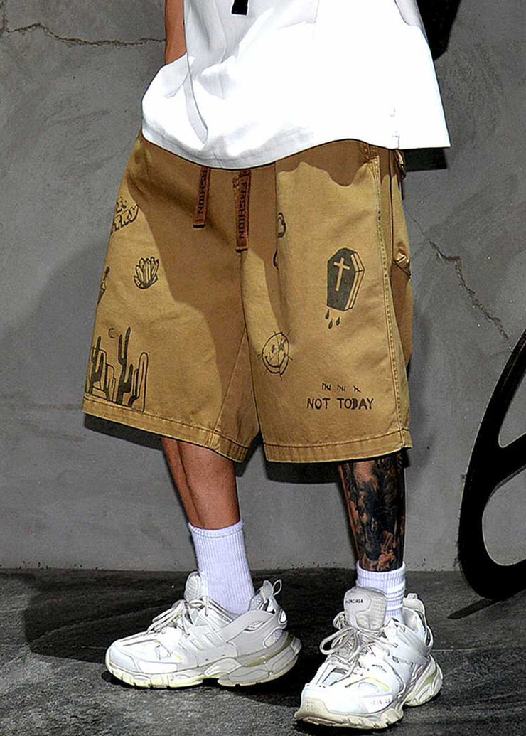 French Grey Print Pockets Elastic Waist Cotton Mens Shorts Summer