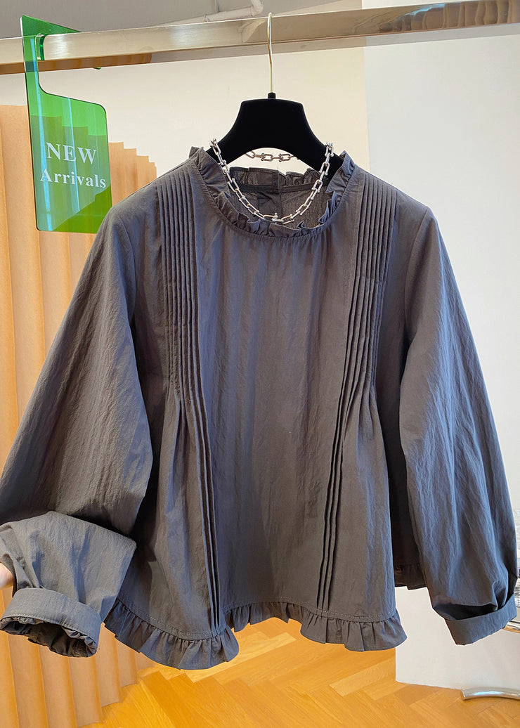 French Grey Ruffled Patchwork Cotton Shirt Fall