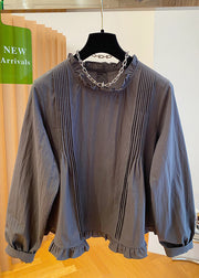 French Grey Ruffled Patchwork Cotton Shirt Fall