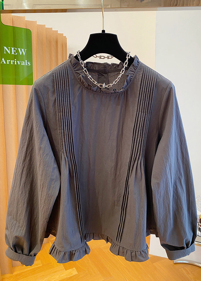 French Grey Ruffled Patchwork Cotton Shirt Fall