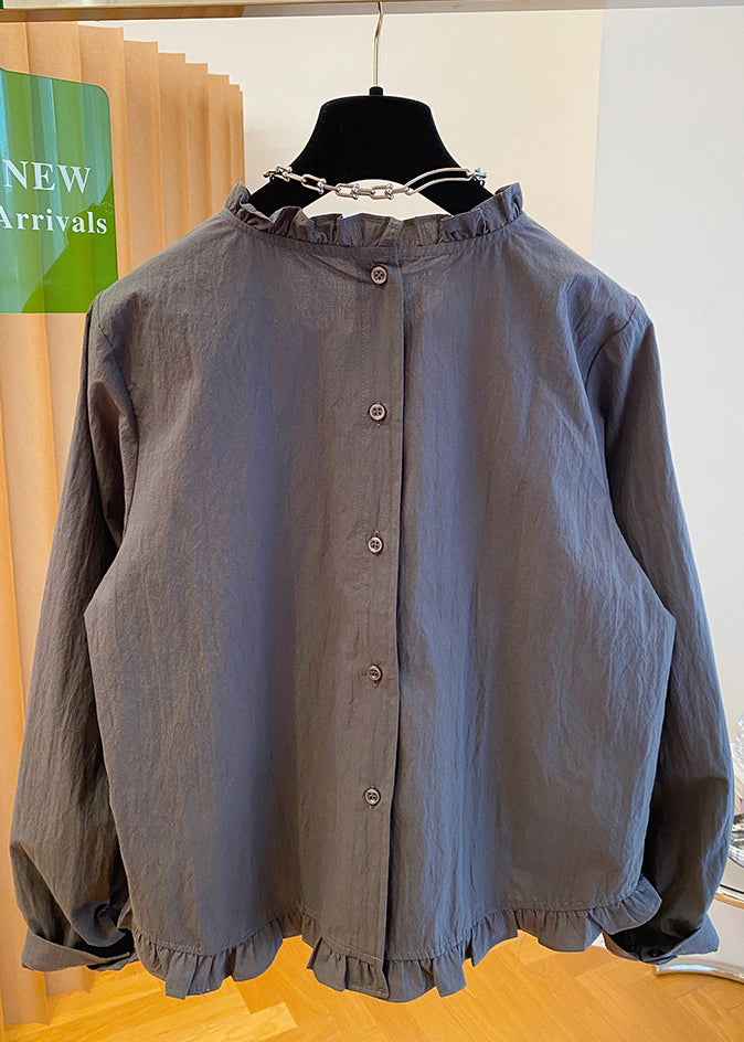 French Grey Ruffled Patchwork Cotton Shirt Fall