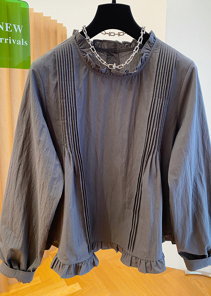 French Grey Ruffled Patchwork Cotton Shirt Fall