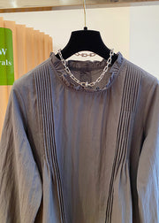 French Grey Ruffled Patchwork Cotton Shirt Fall