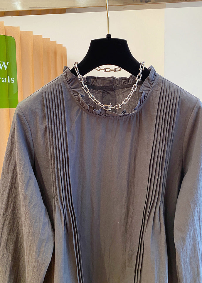 French Grey Ruffled Patchwork Cotton Shirt Fall