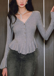 French Grey Ruffled Patchwork Knit Cardigan Flare Sleeve