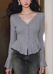 French Grey Ruffled Patchwork Knit Cardigan Flare Sleeve