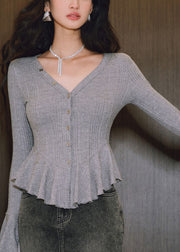 French Grey Ruffled Patchwork Knit Cardigan Flare Sleeve