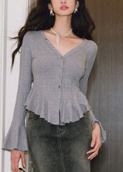 French Grey Ruffled Patchwork Knit Cardigan Flare Sleeve