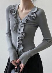 French Grey Ruffled Patchwork Knit Short Sweater Fall