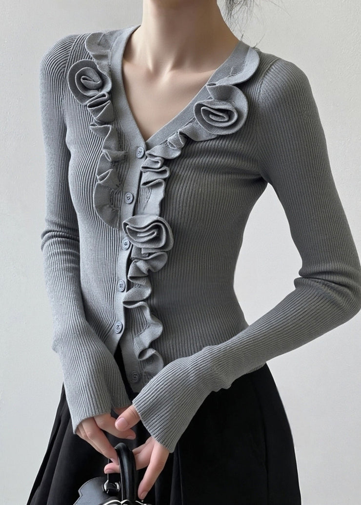 French Grey Ruffled Patchwork Knit Short Sweater Fall