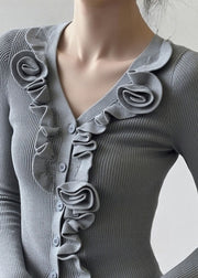 French Grey Ruffled Patchwork Knit Short Sweater Fall