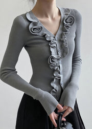 French Grey Ruffled Patchwork Knit Short Sweater Fall