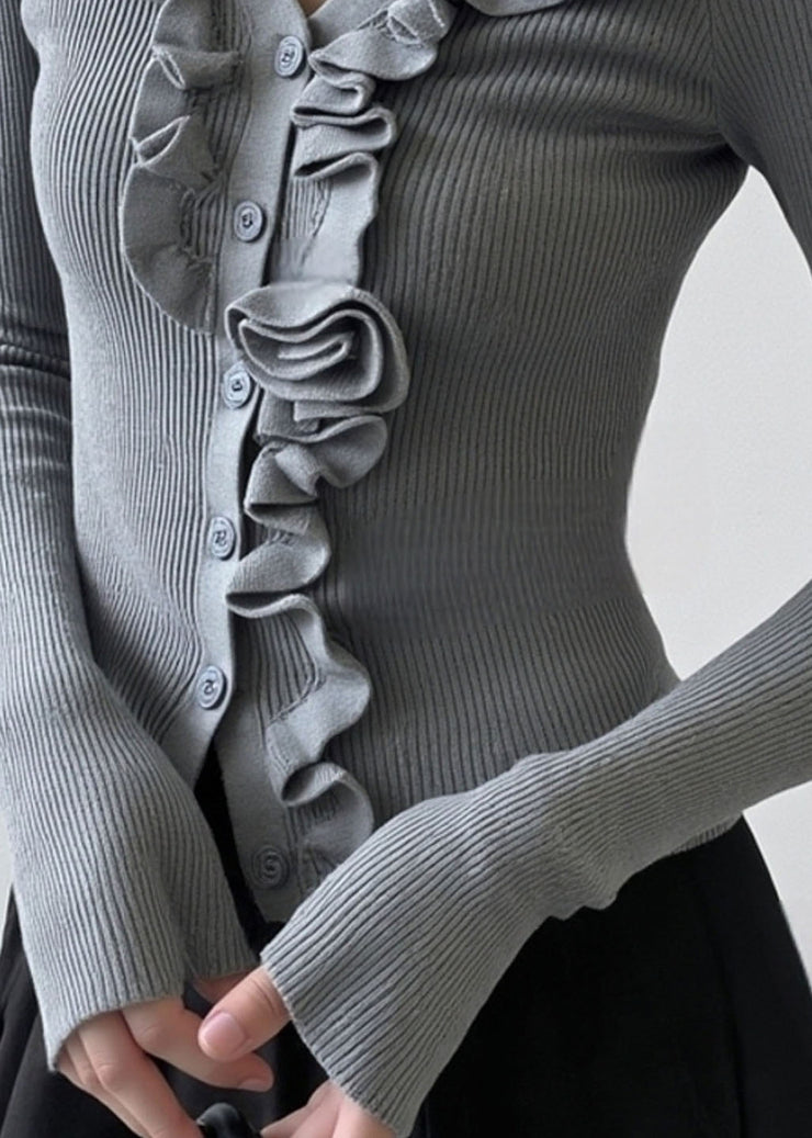 French Grey Ruffled Patchwork Knit Short Sweater Fall